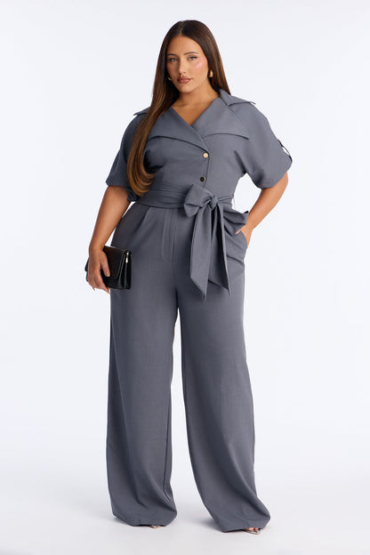 Cynthia Cinched Waist Wide Leg Jumpsuit - Charcoal
