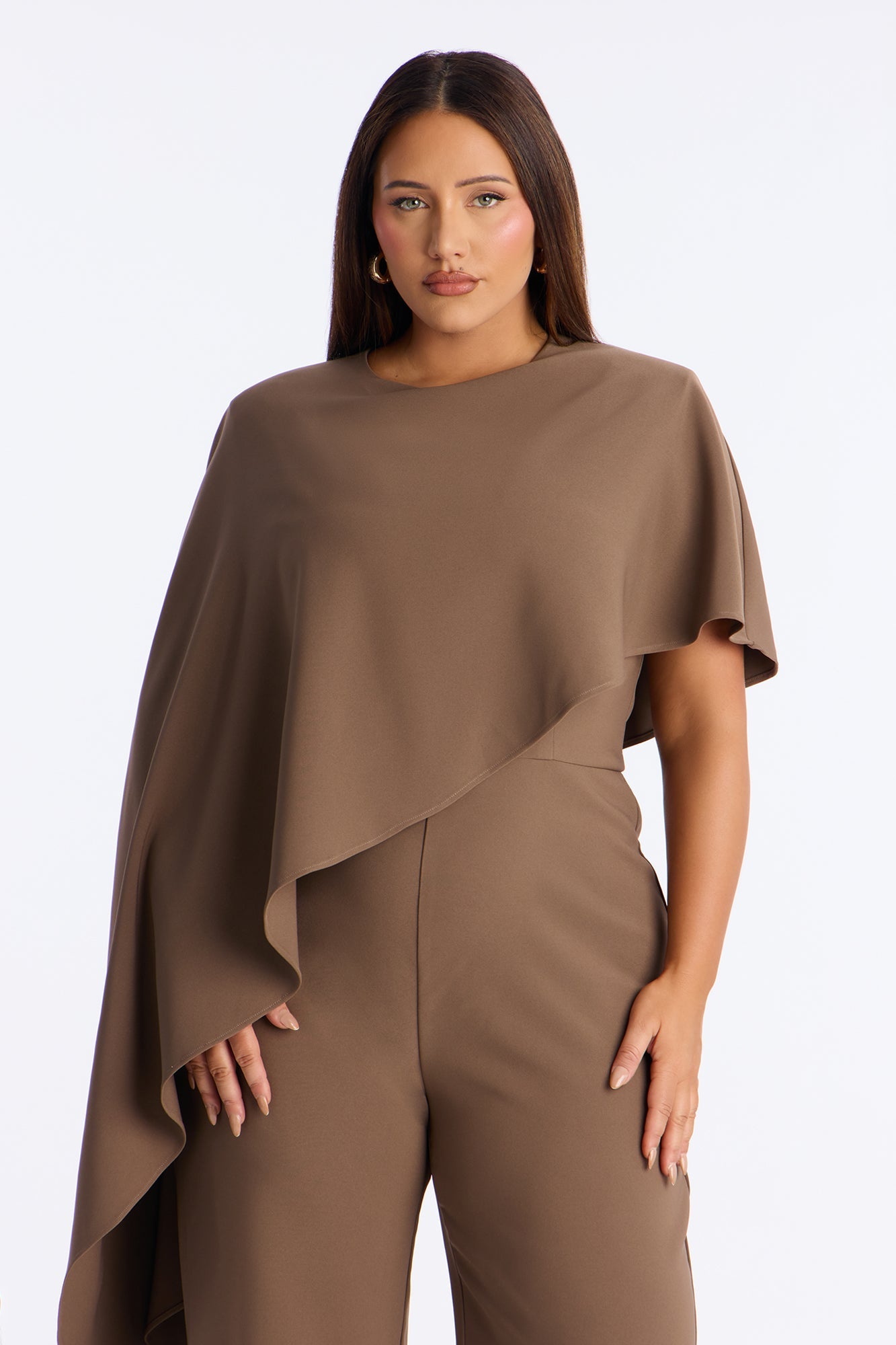 Working Woman Wide Leg Cape Sleeve Jumpsuit - Brown