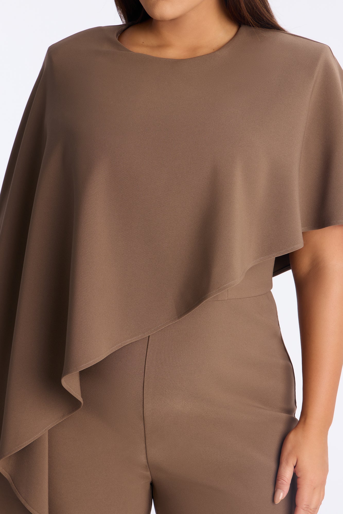 Working Woman Wide Leg Cape Sleeve Jumpsuit - Brown