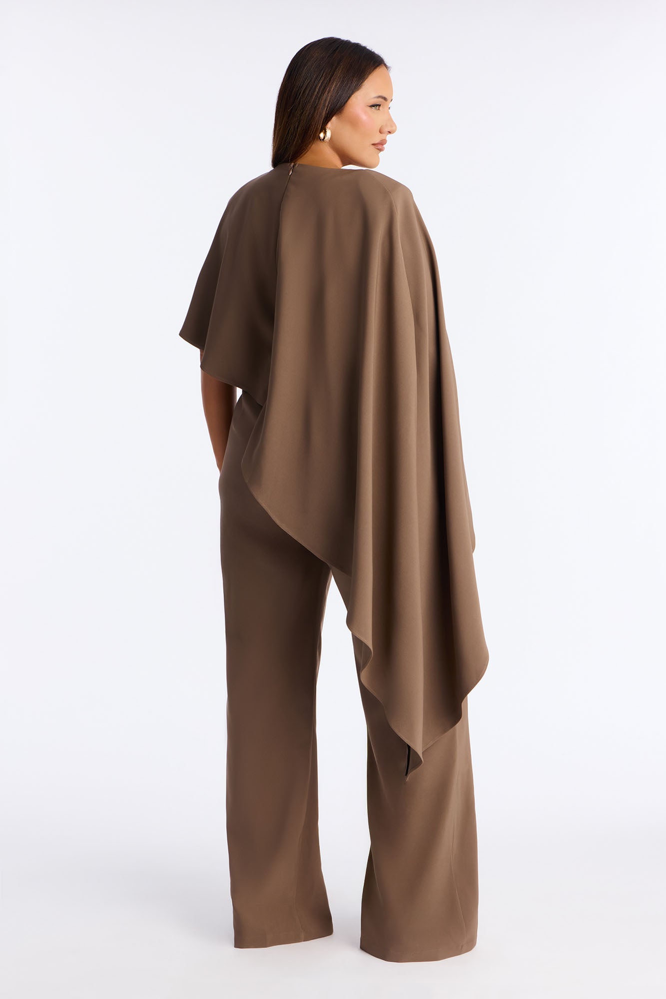 Working Woman Wide Leg Cape Sleeve Jumpsuit - Brown