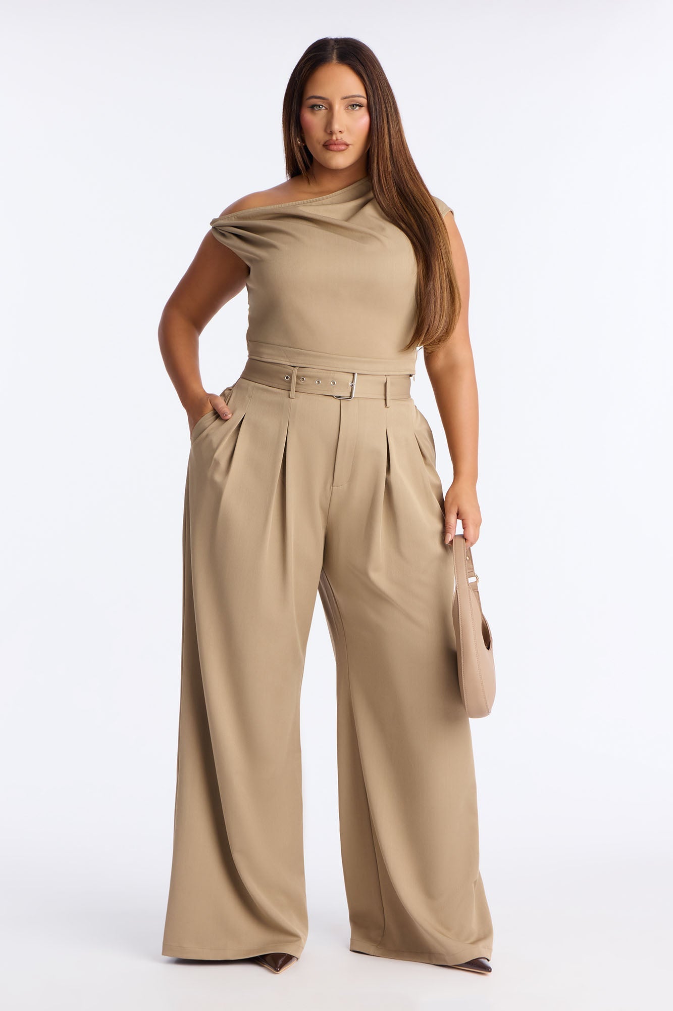 Adeline Off Shoulder Belted Pant Set - Khaki