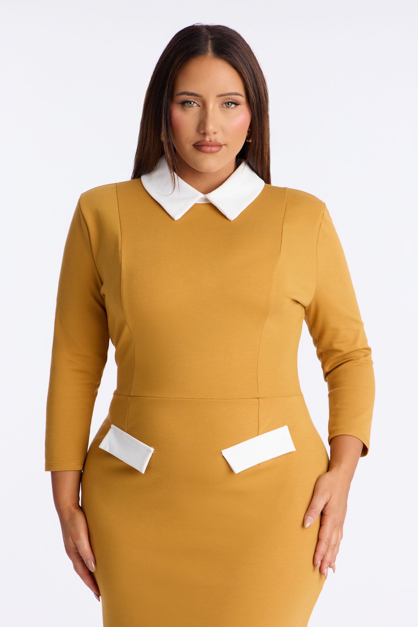All Business 3/4 Sleeve Ponte Midi Dress - Mustard