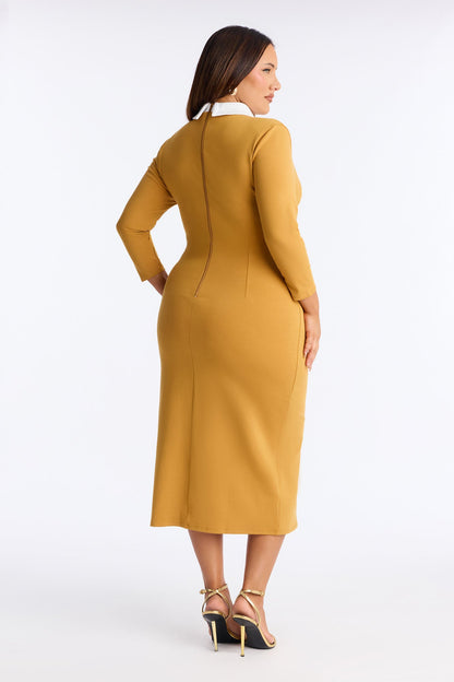 All Business 3/4 Sleeve Ponte Midi Dress - Mustard