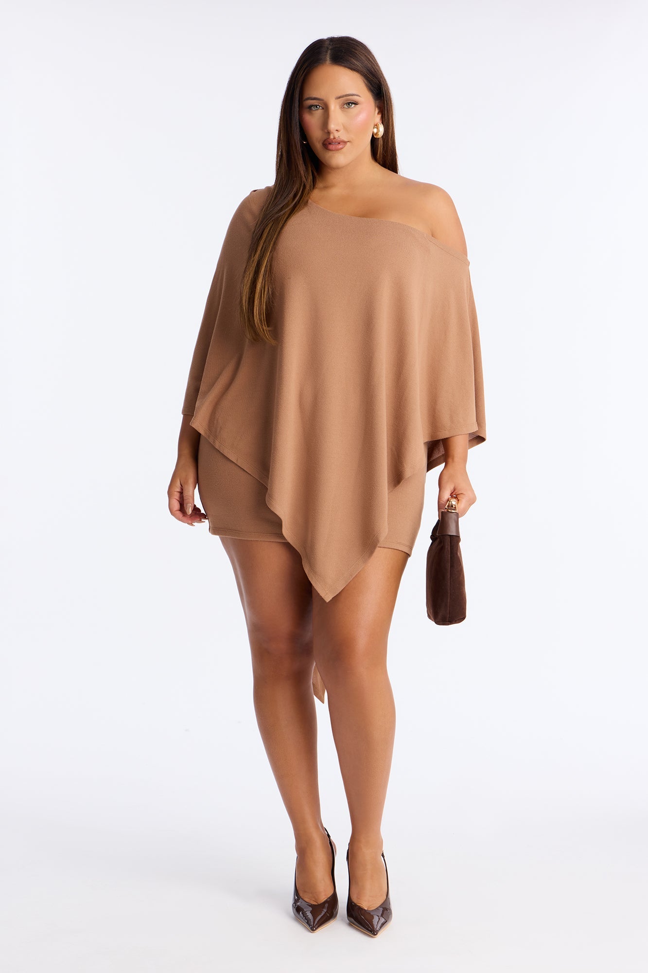 Charlotte Asymmetrical Sweater Mini Dress - Brown
