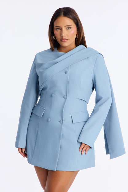 Run The World Long Sleeve Blazer Mini Dress - Dusty Blue