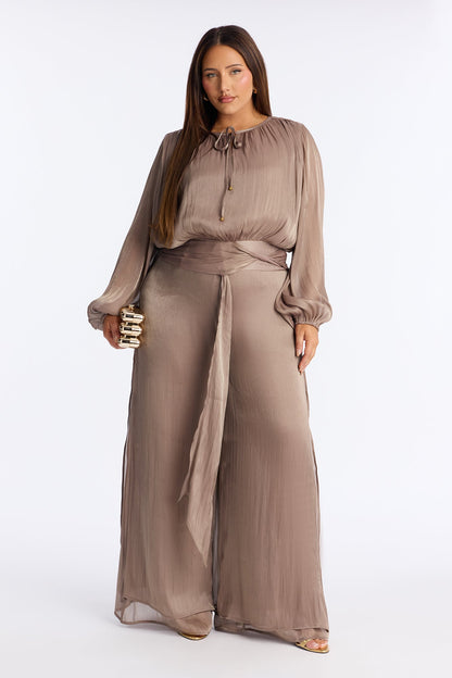 Anna Cinched Waist Draped Wide Leg Jumpsuit - Taupe