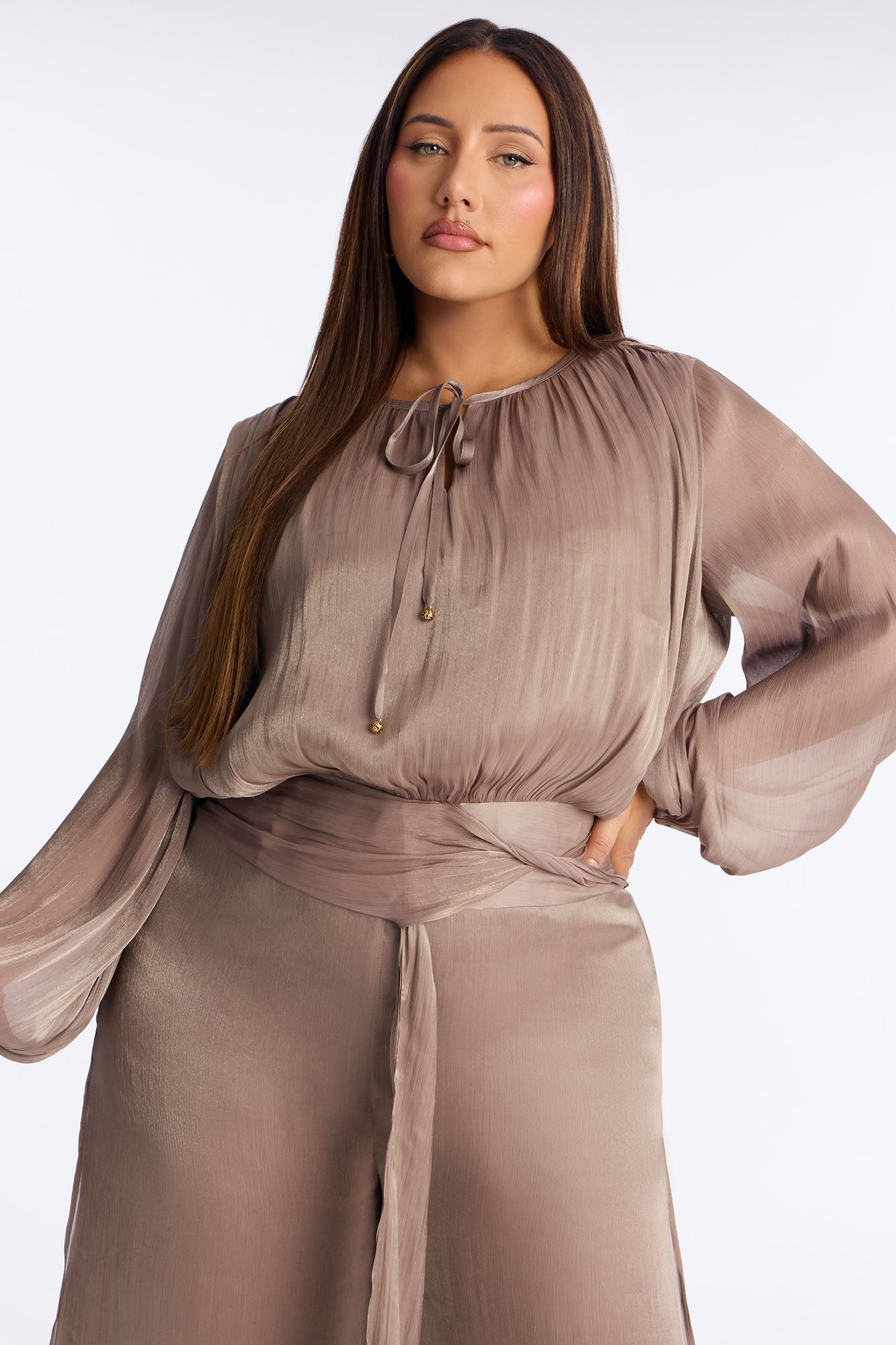 Anna Cinched Waist Draped Wide Leg Jumpsuit - Taupe