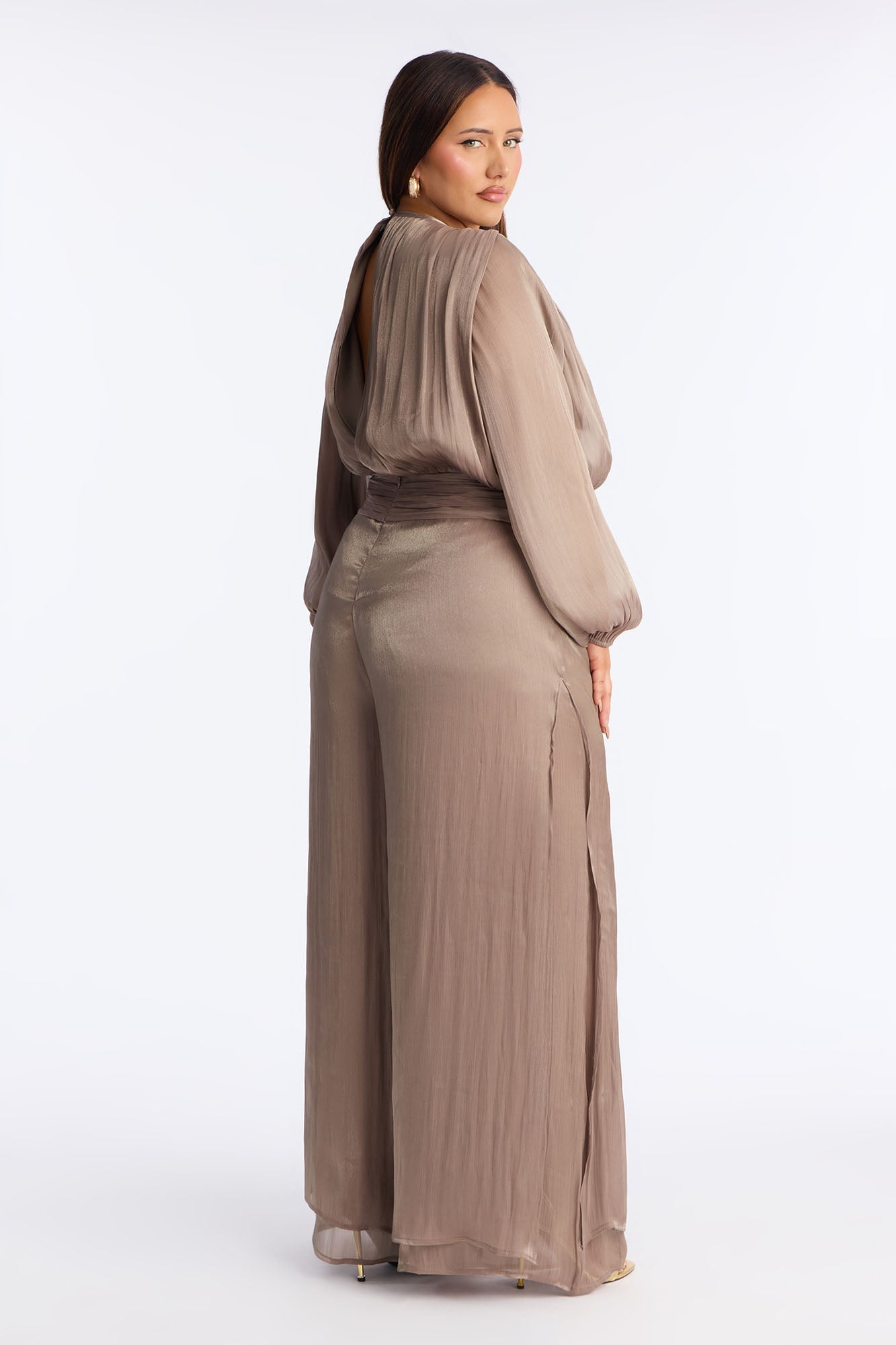 Anna Cinched Waist Draped Wide Leg Jumpsuit - Taupe