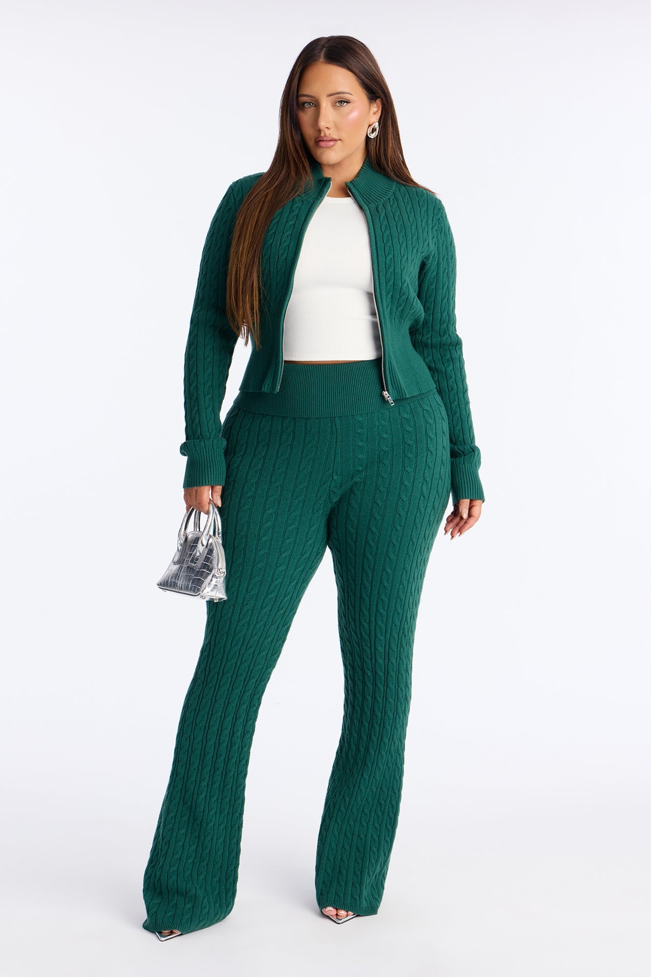 Caroline Mock Neck Cable Sweater Pant Set - Hunter