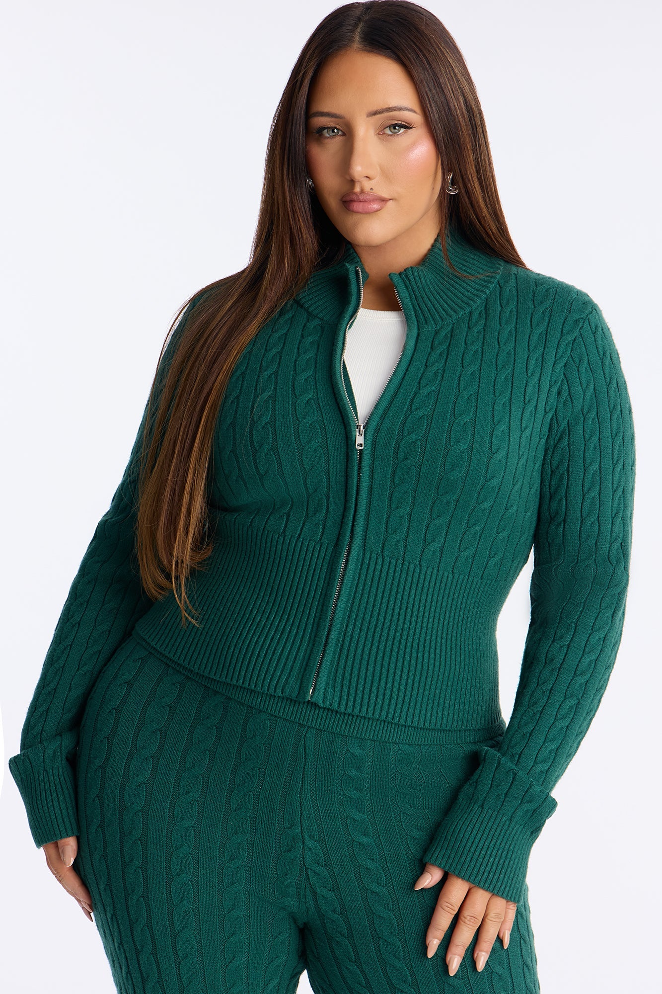 Caroline Mock Neck Cable Sweater Pant Set - Hunter