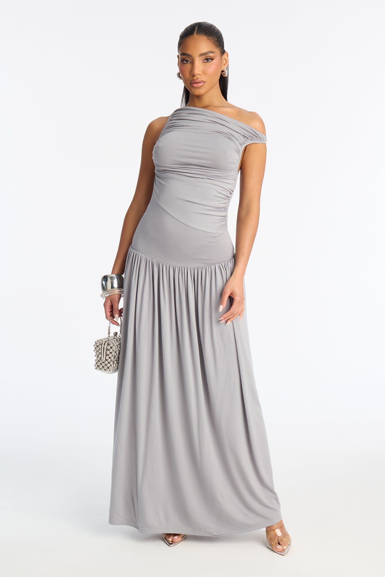Maisie Ruched Drop Waist Maxi Dress - Grey