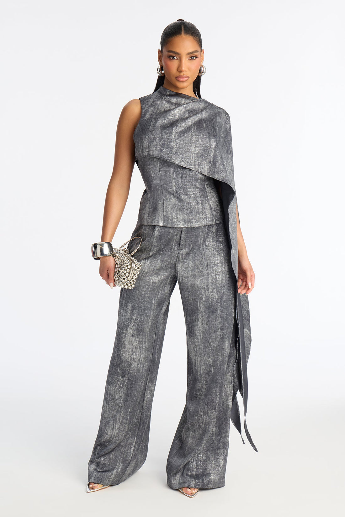 Amaya Shimmer Satin Draped Pant Set - Grey