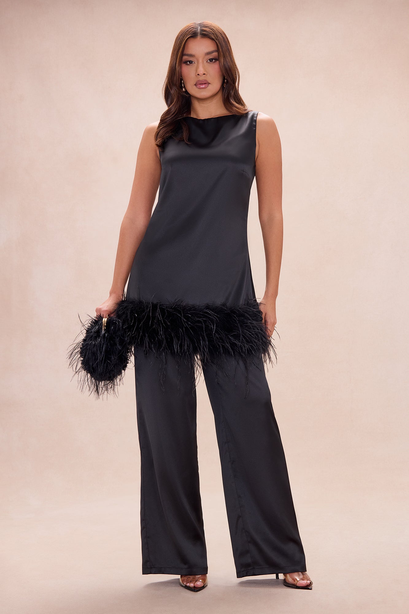 Chic Obsession Feathered Satin Pant Set - Black