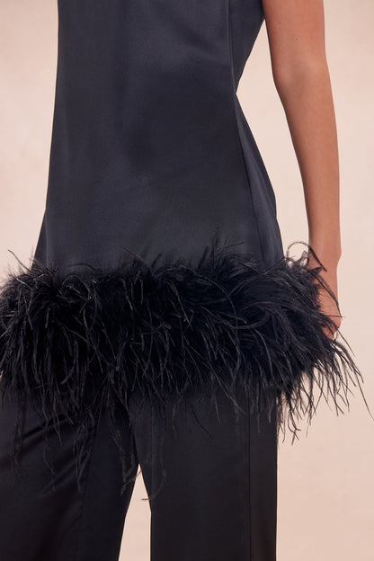 Chic Obsession Feathered Satin Pant Set - Black