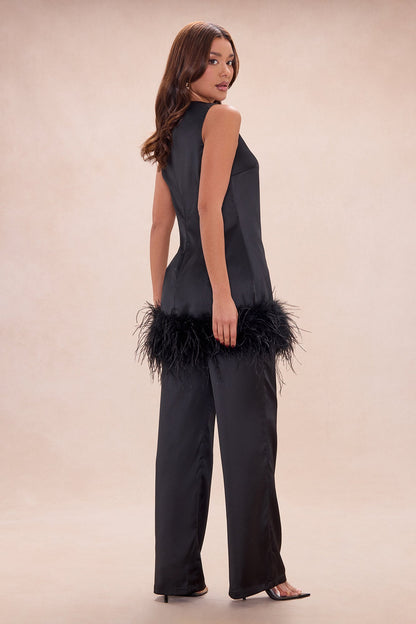Chic Obsession Feathered Satin Pant Set - Black