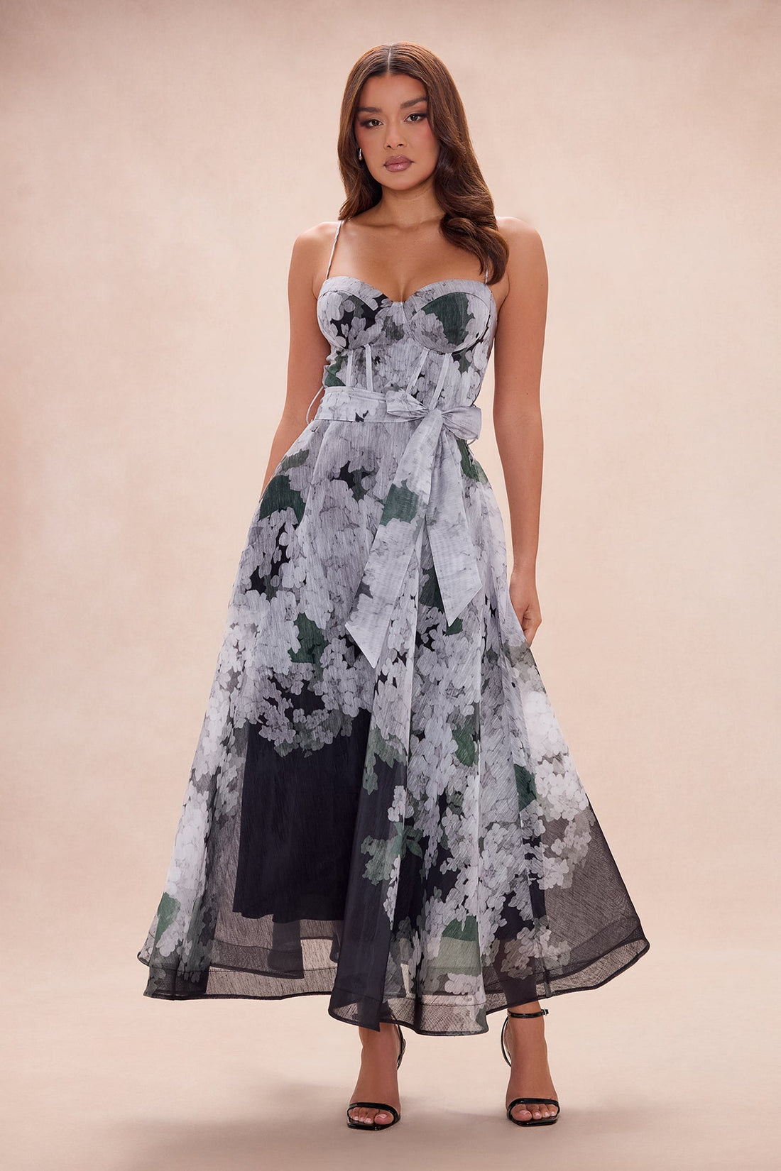 Annabeth Corset Waist Organza Maxi Dress - Grey/combo