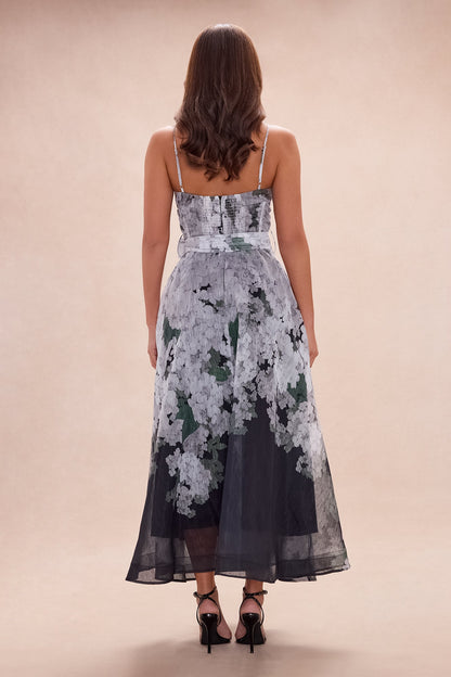 Annabeth Corset Waist Organza Maxi Dress - Grey/combo