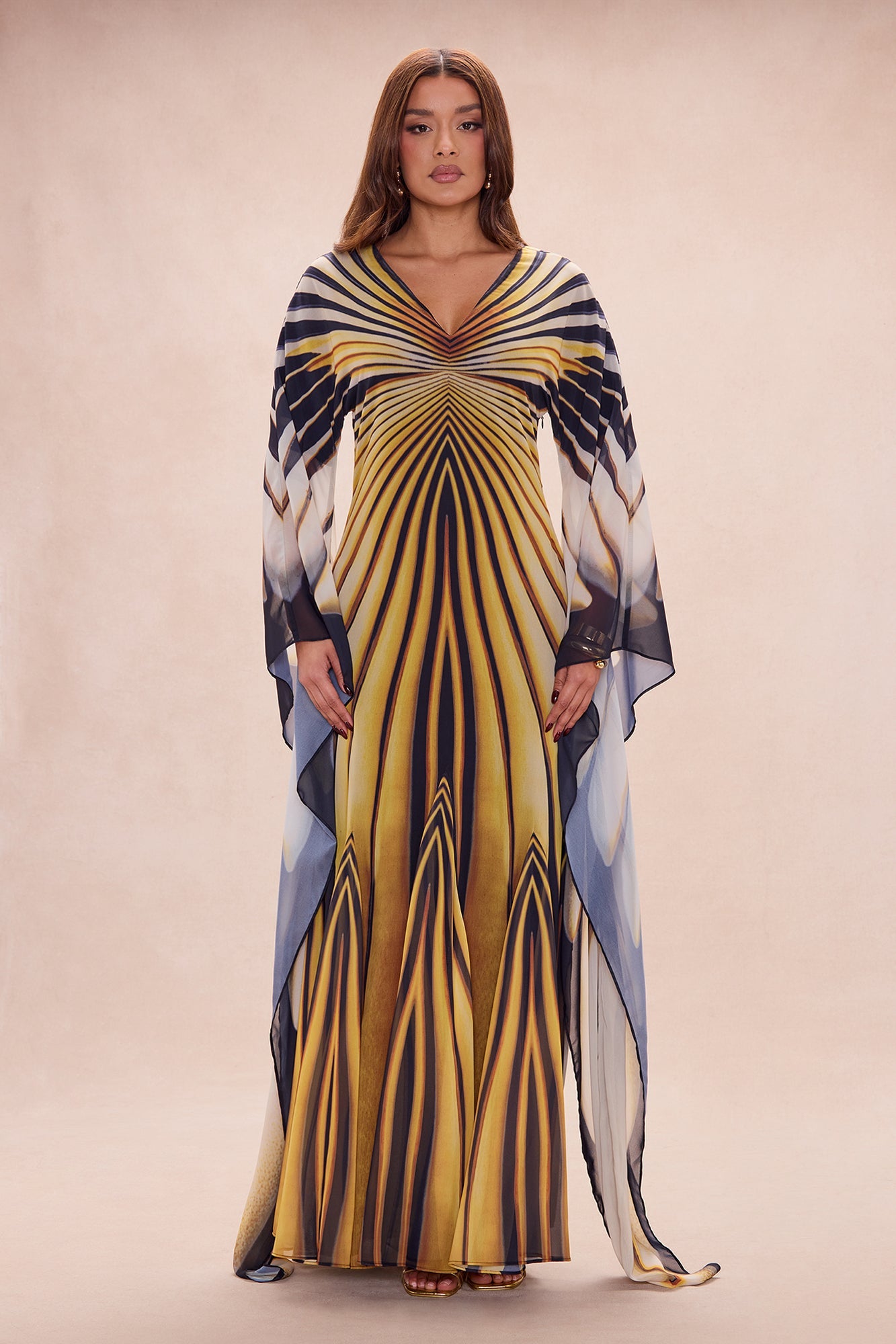 Soleil Bell Sleeve Chiffon Maxi Dress - Yellow/combo