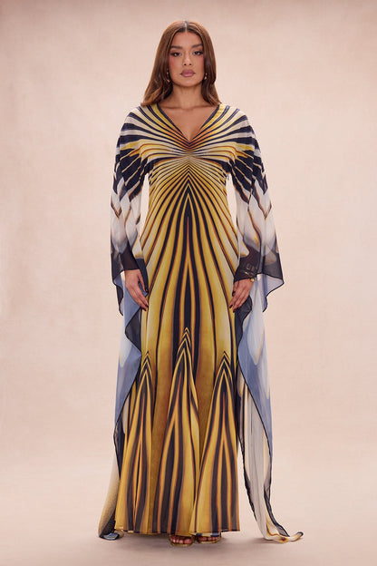 Soleil Bell Sleeve Chiffon Maxi Dress - Yellow/combo