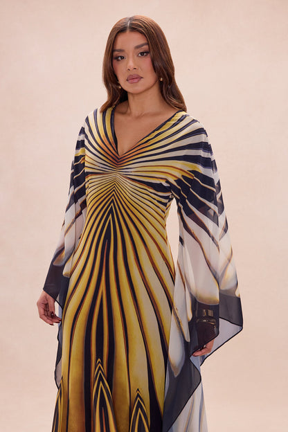 Soleil Bell Sleeve Chiffon Maxi Dress - Yellow/combo