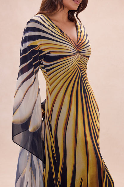 Soleil Bell Sleeve Chiffon Maxi Dress - Yellow/combo