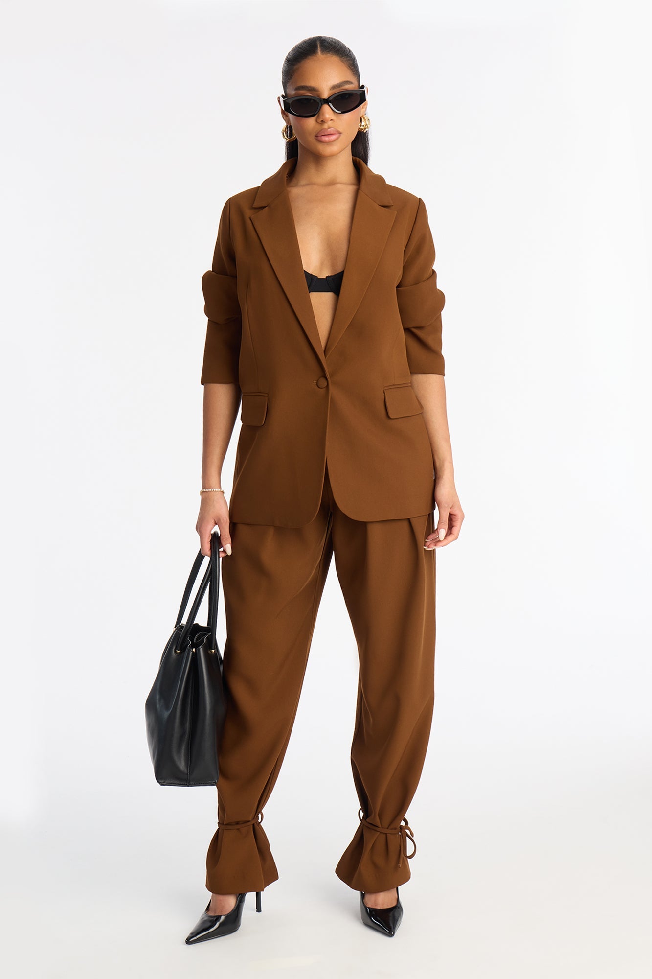 Veronica Blazer Cinched Pant Set - Brown