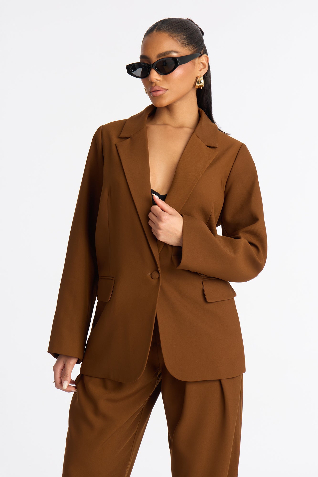 Veronica Blazer Cinched Pant Set - Brown
