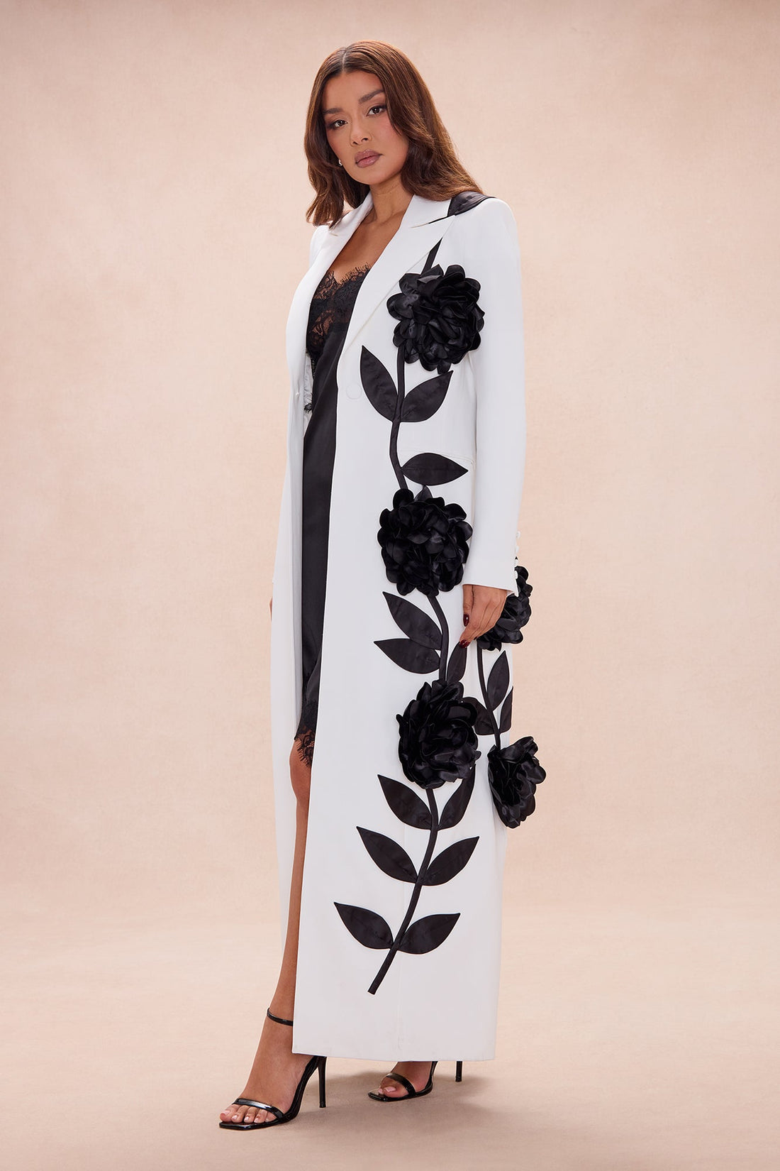 Marlow Floral Applique Blazer Coat - White/Black