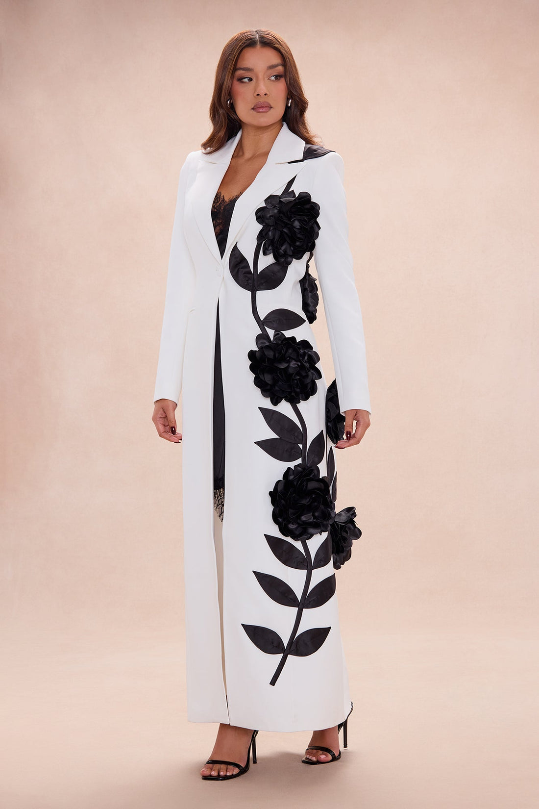 Marlow Floral Applique Blazer Coat - White/Black