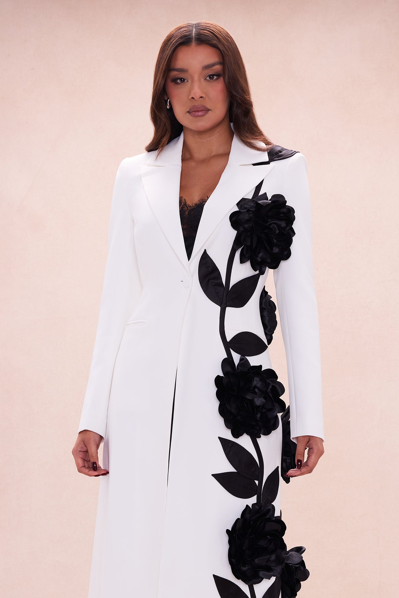 Marlow Floral Applique Blazer Coat - White/Black