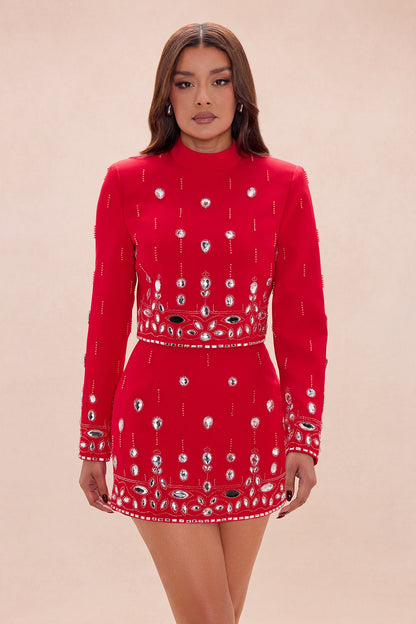 Draya Rhinestone Embellished Skirt Set - DarkRed