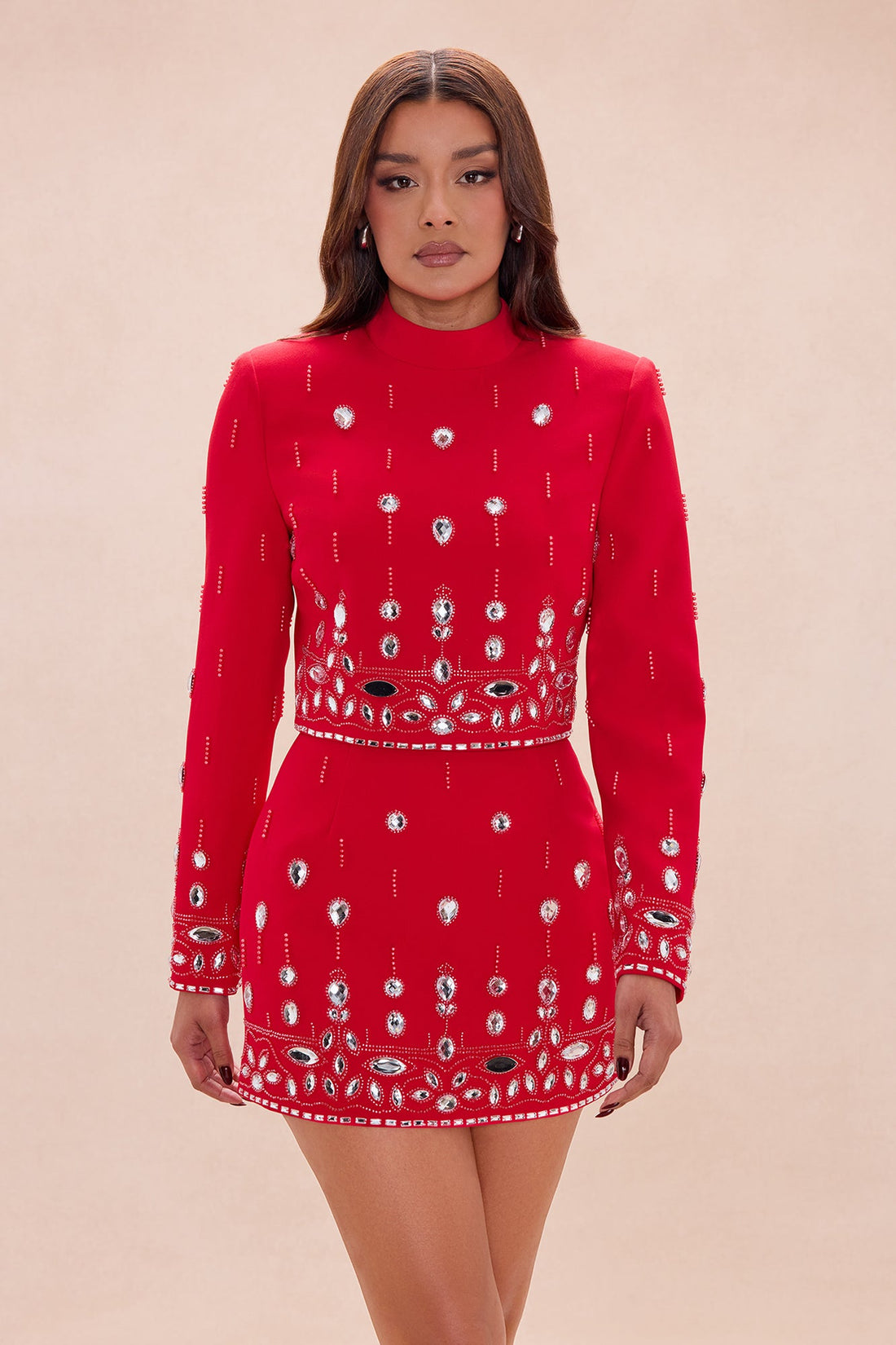 Draya Rhinestone Embellished Skirt Set - DarkRed