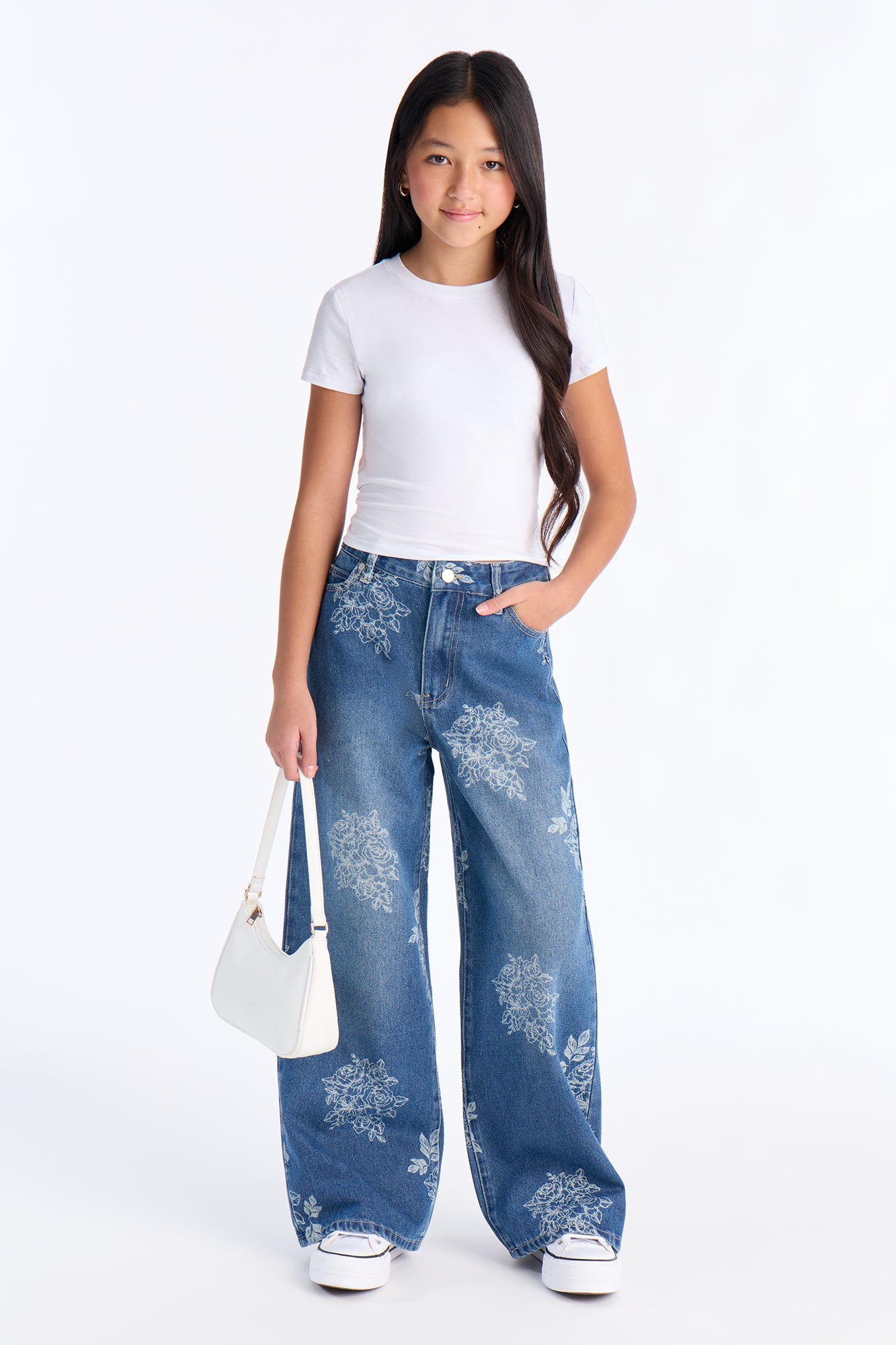 Mini Rose Kiss Floral Print Wide Leg Jeans - Medium Wash