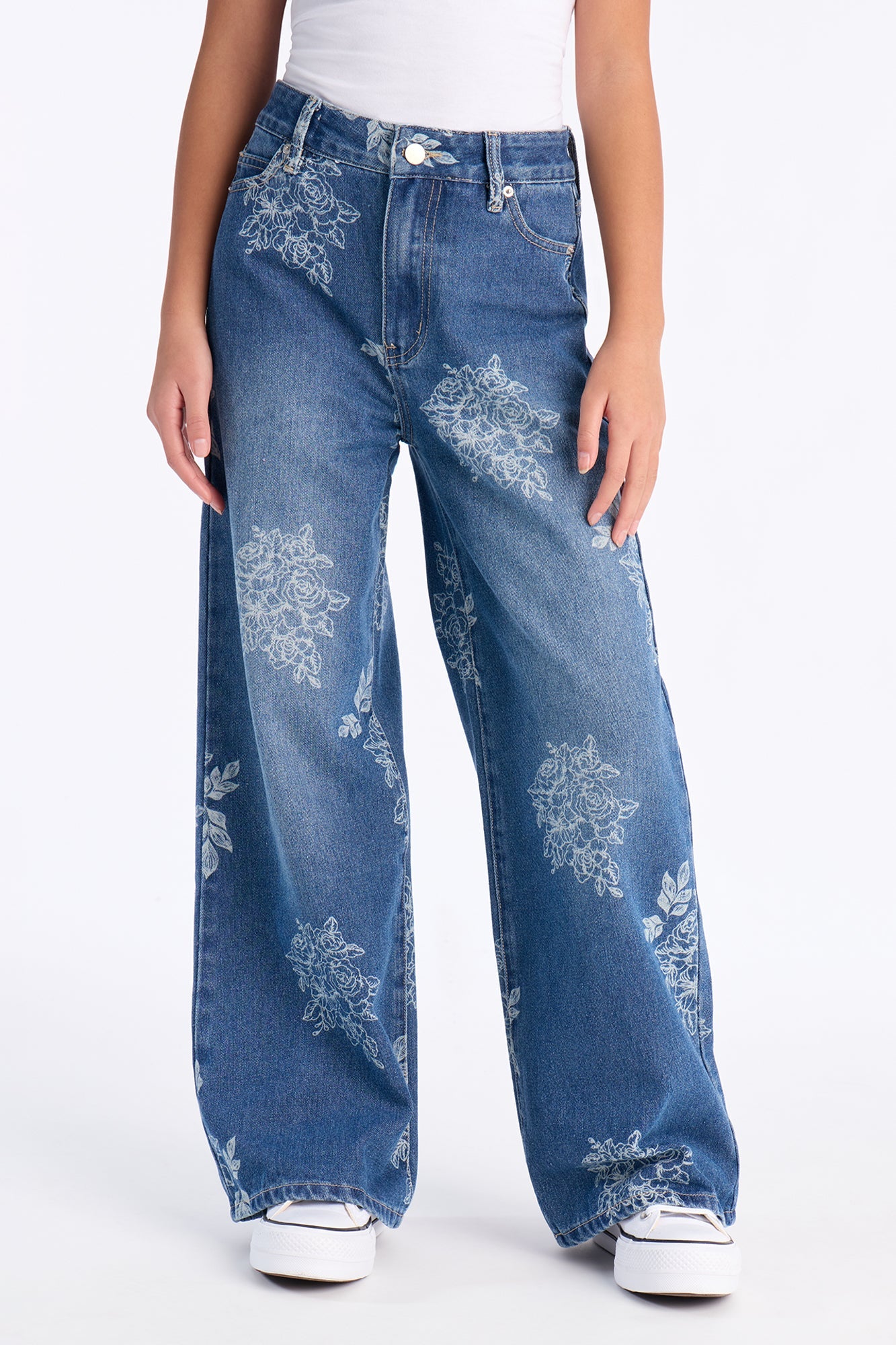 Mini Rose Kiss Floral Print Wide Leg Jeans - Medium Wash