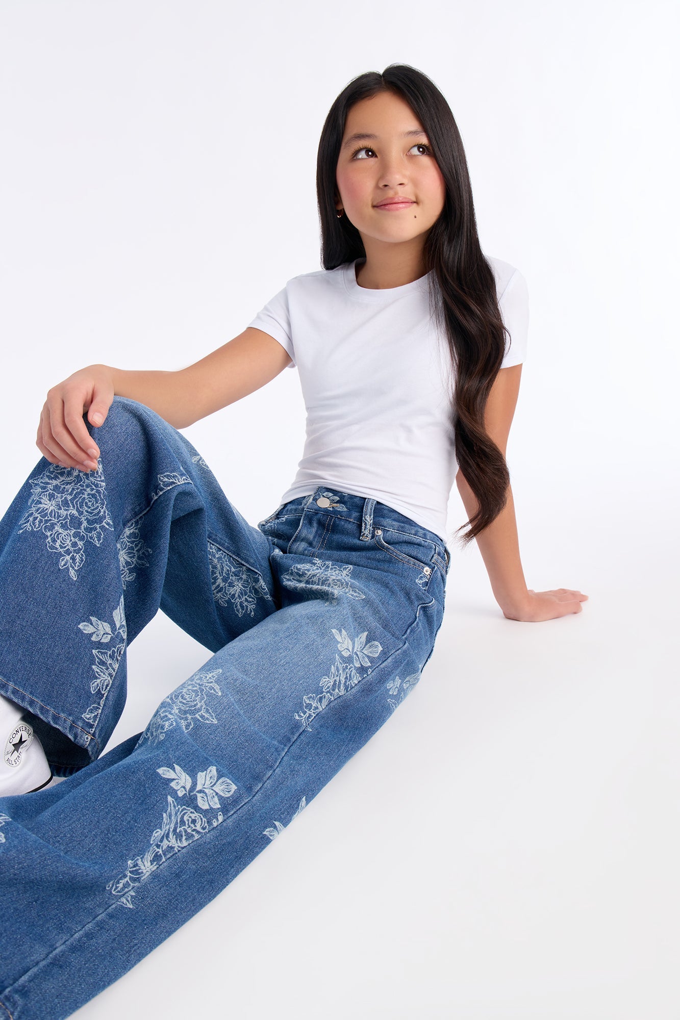 Mini Rose Kiss Floral Print Wide Leg Jeans - Medium Wash