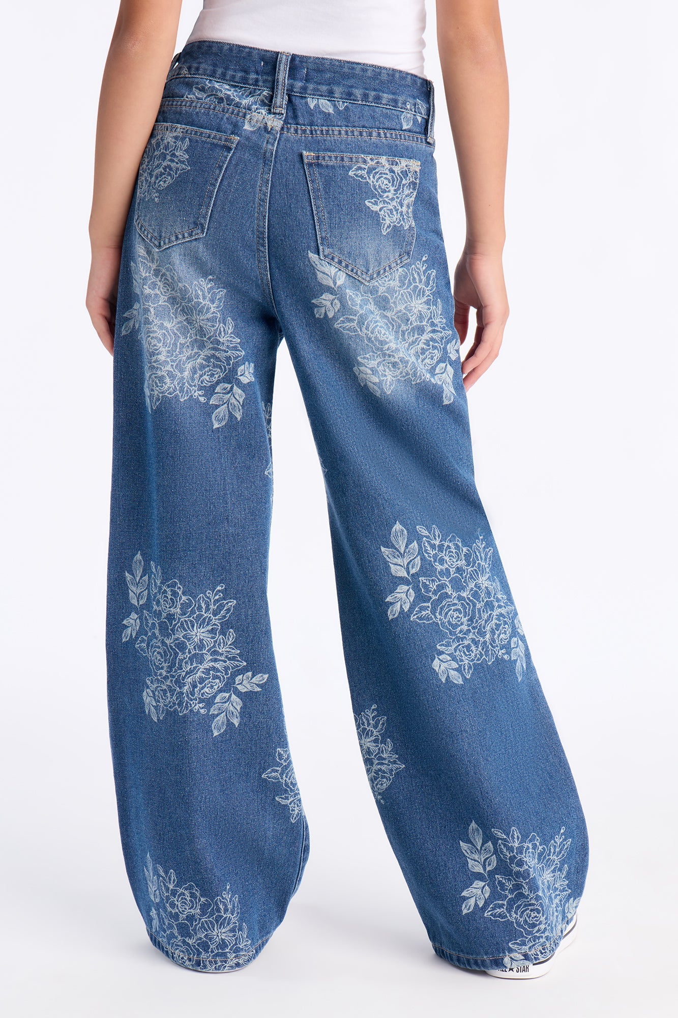 Mini Rose Kiss Floral Print Wide Leg Jeans - Medium Wash
