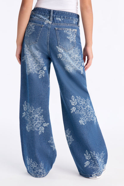Mini Rose Kiss Floral Print Wide Leg Jeans - Medium Wash