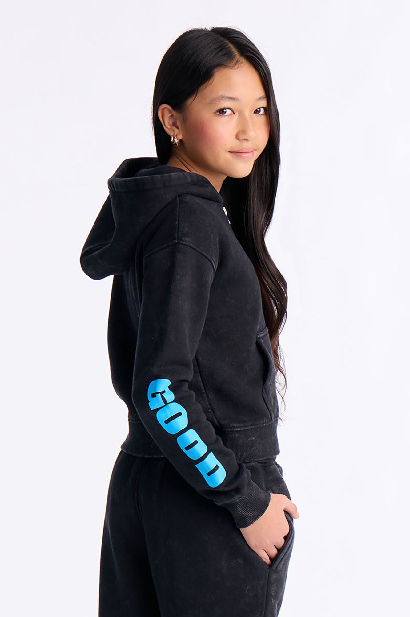 Mini Good Vibes Always Washed Fleece Zip Up Sweatshirt - Charcoal/combo