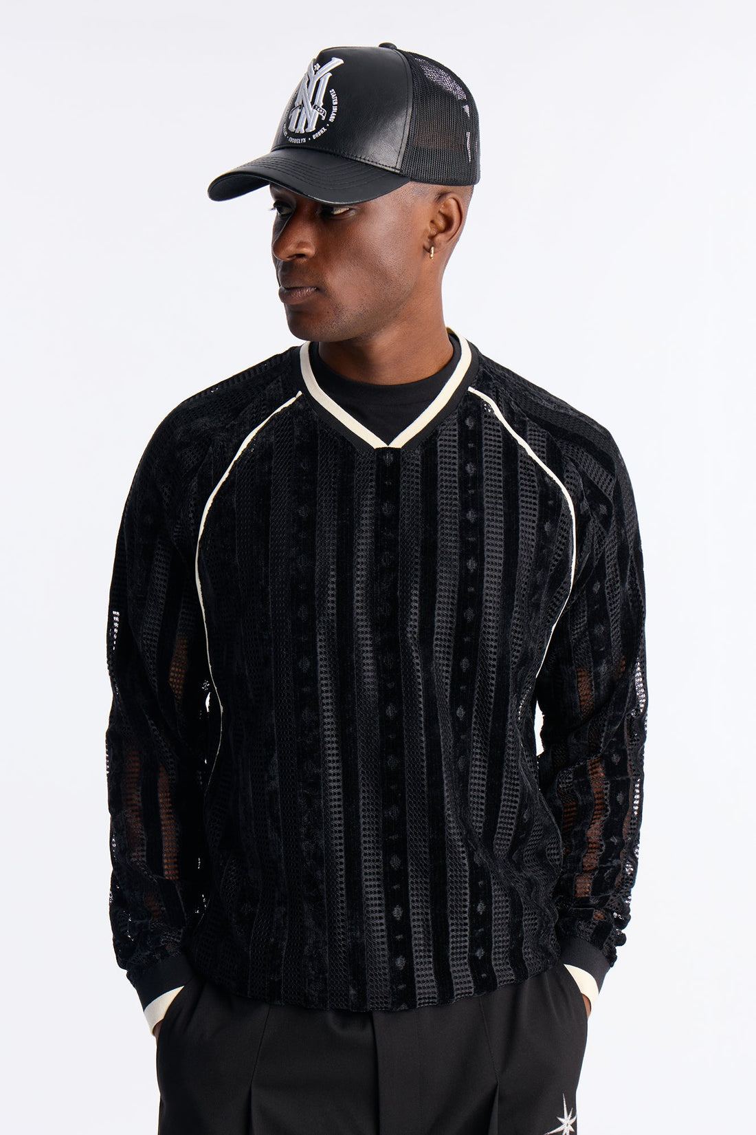 Luxe Grid Paneled V Neck Shirt - Black