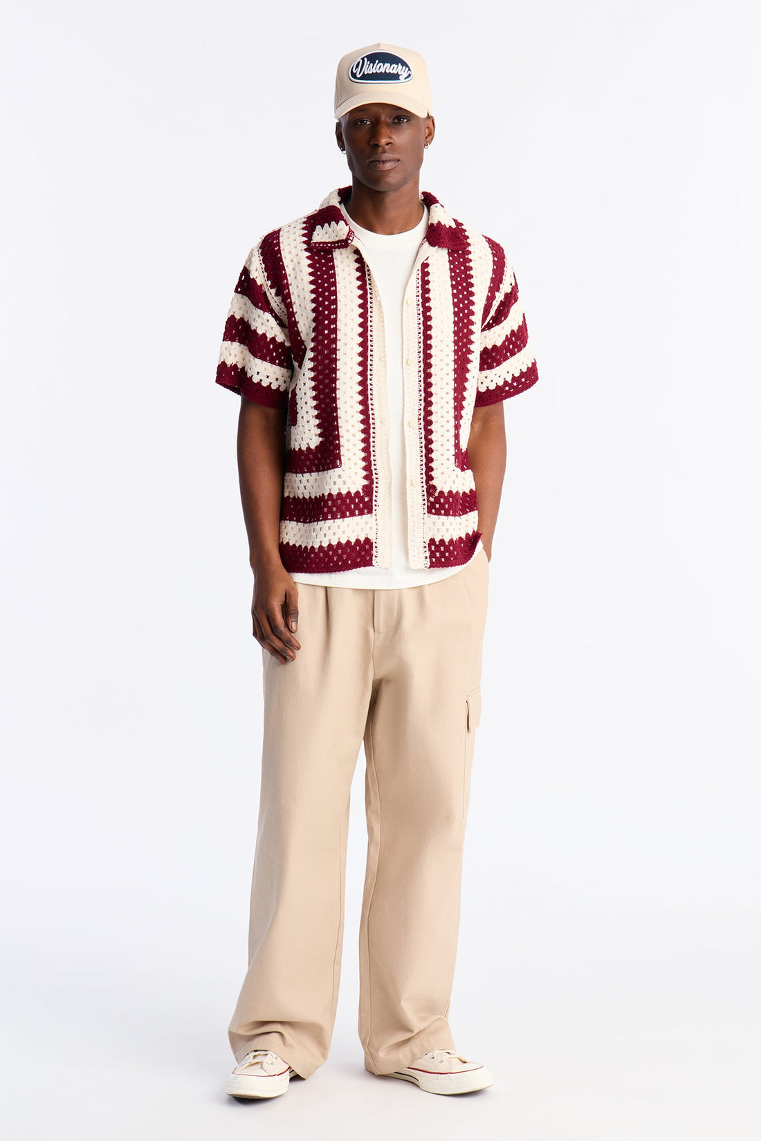 Left Turns Crochet Button Up Shirt - Burgundy
