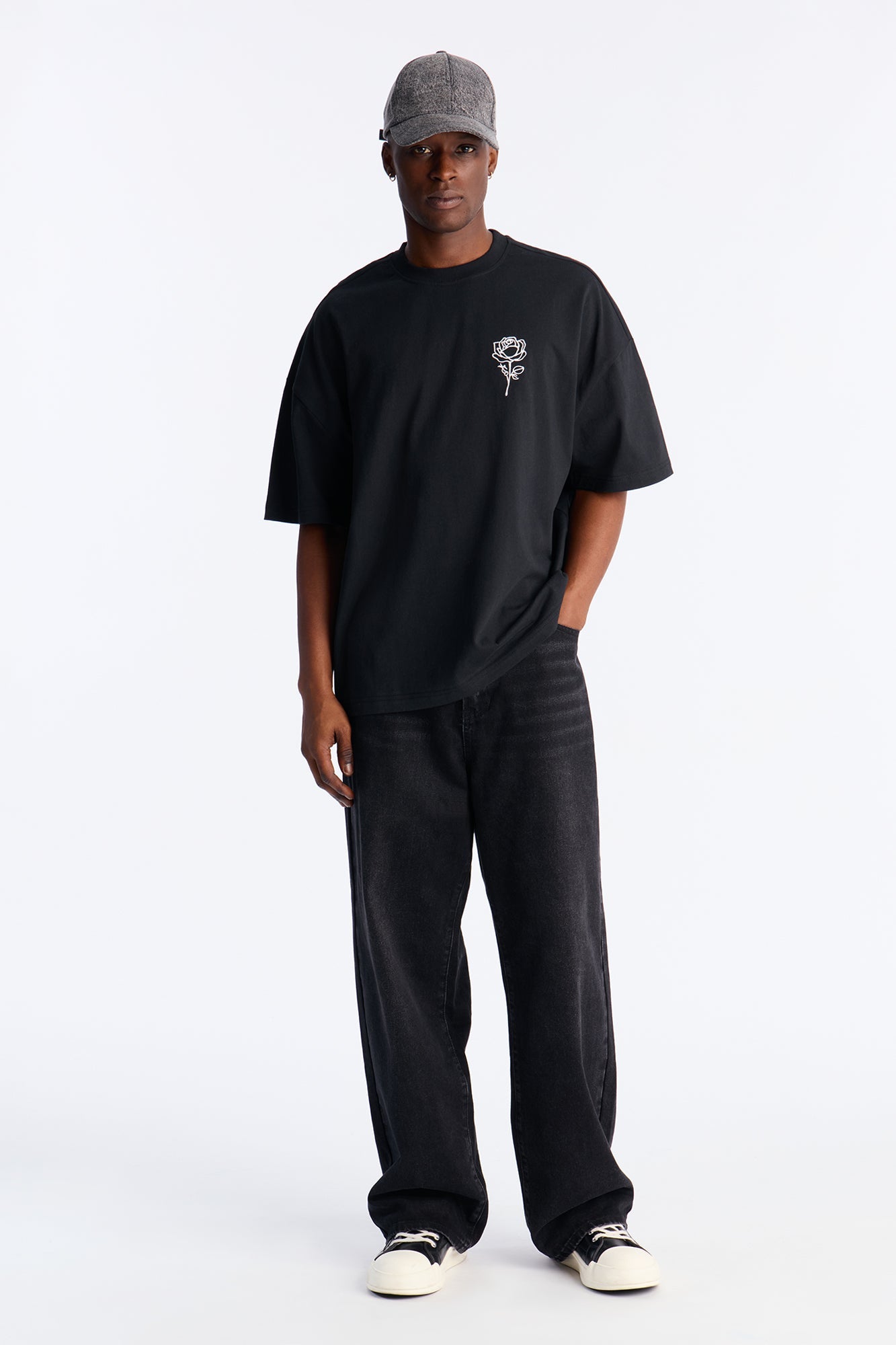 Premium Rose Embroidered Oversized Short Sleeve Tee - Black
