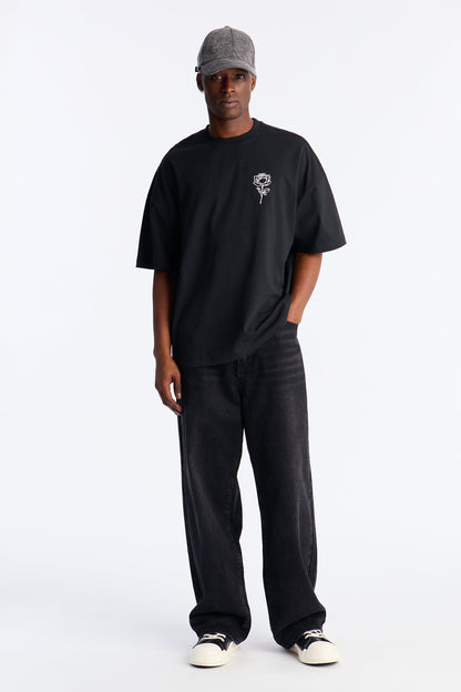 Premium Rose Embroidered Oversized Short Sleeve Tee - Black