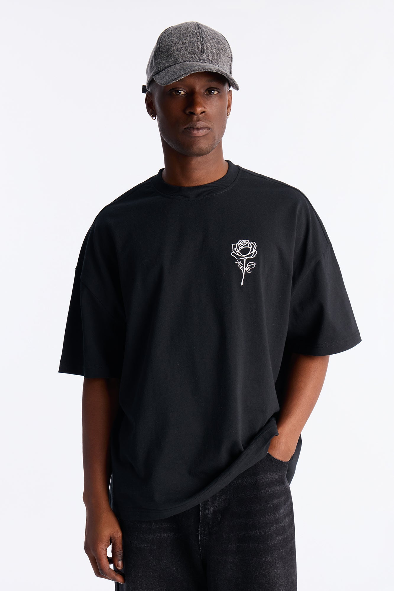 Premium Rose Embroidered Oversized Short Sleeve Tee - Black