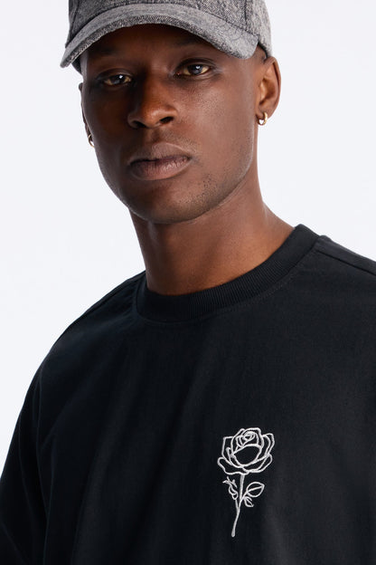 Premium Rose Embroidered Oversized Short Sleeve Tee - Black