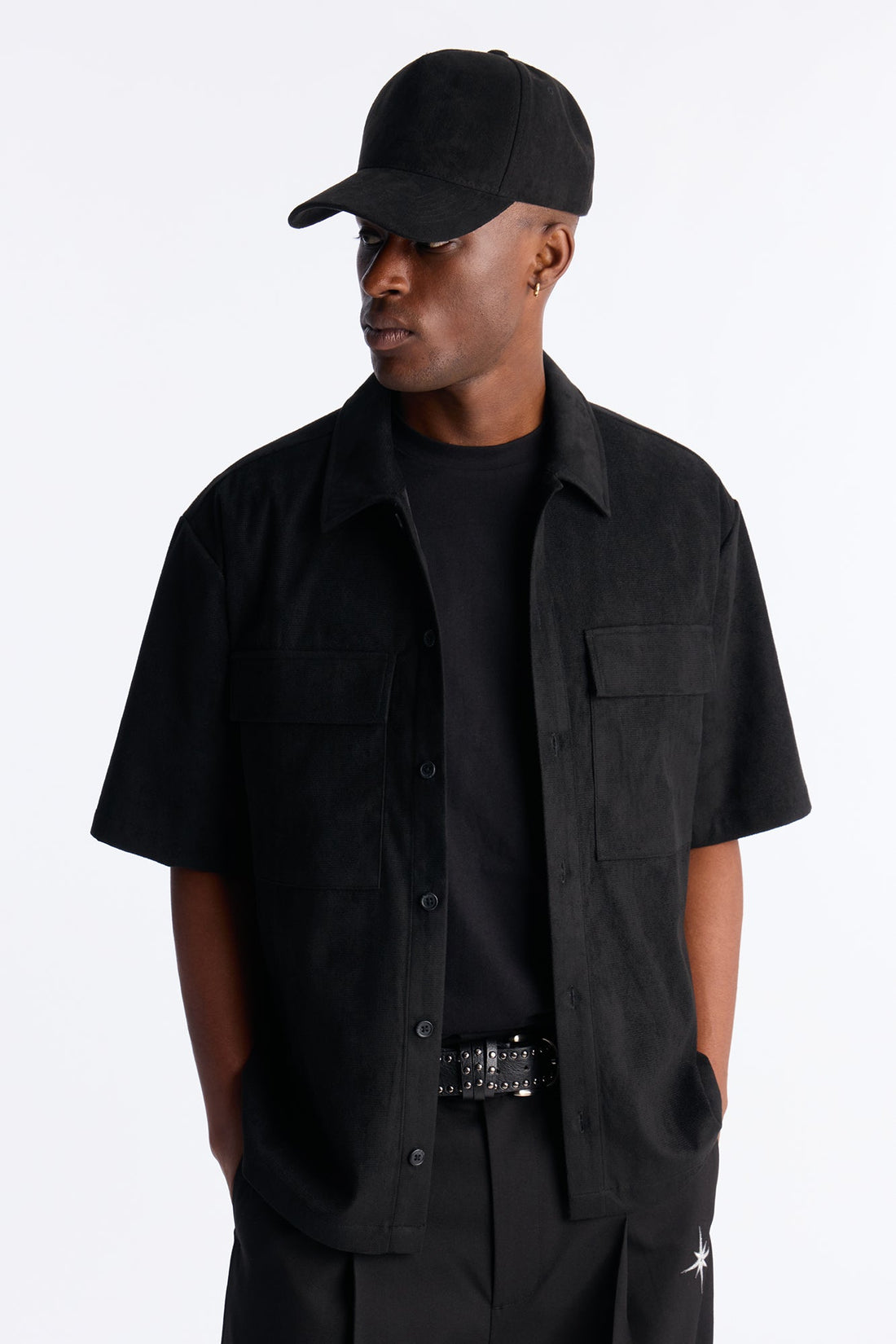 Relaxed Brushed Double Pocket Button Up Shirt - Black