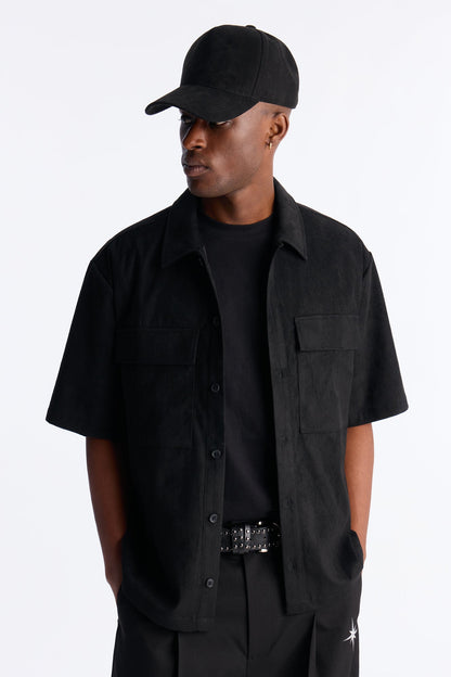 Relaxed Brushed Double Pocket Button Up Shirt - Black