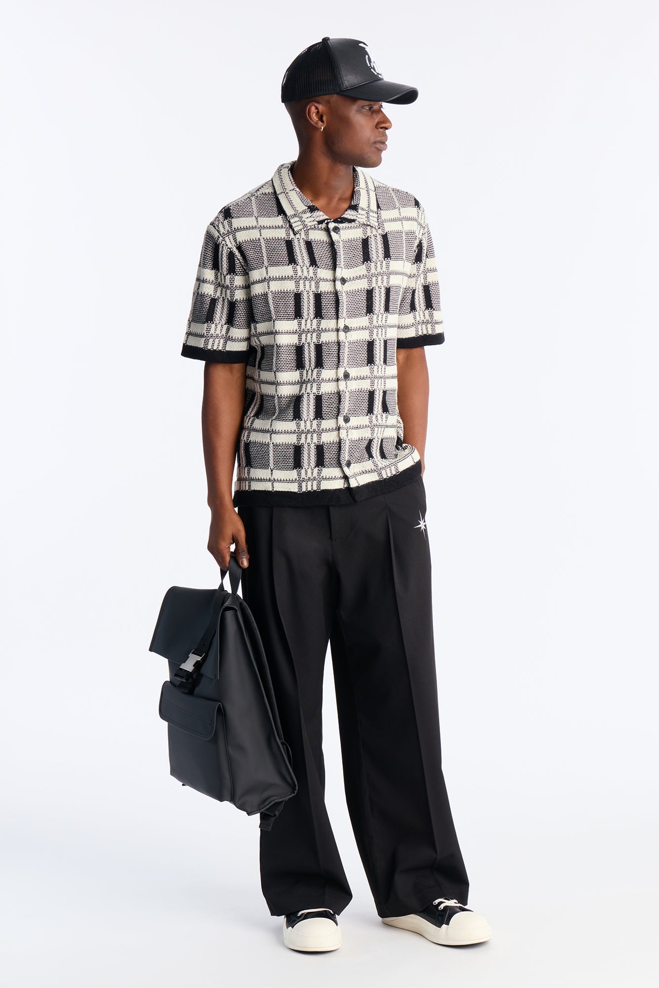 Crosshatch Closed Collar Button Up Shirt - Black