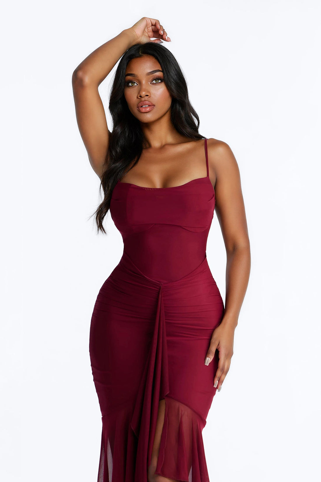 Mine Tonight Ruched Mesh Midi Dress - Wine