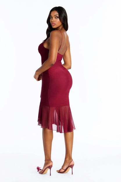 Mine Tonight Ruched Mesh Midi Dress - Wine