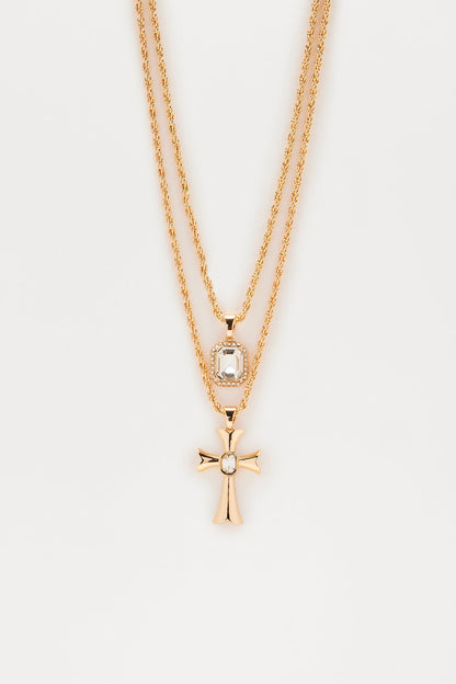 Chill Cross And Gem Necklace Set - Gold